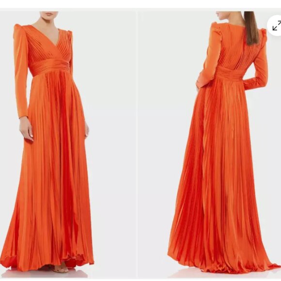 MAC DUGGAL 26542 PLEATED LONG SLEEVE V-NECK SUNSET GOWN sz 12 - Picture 1 of 3